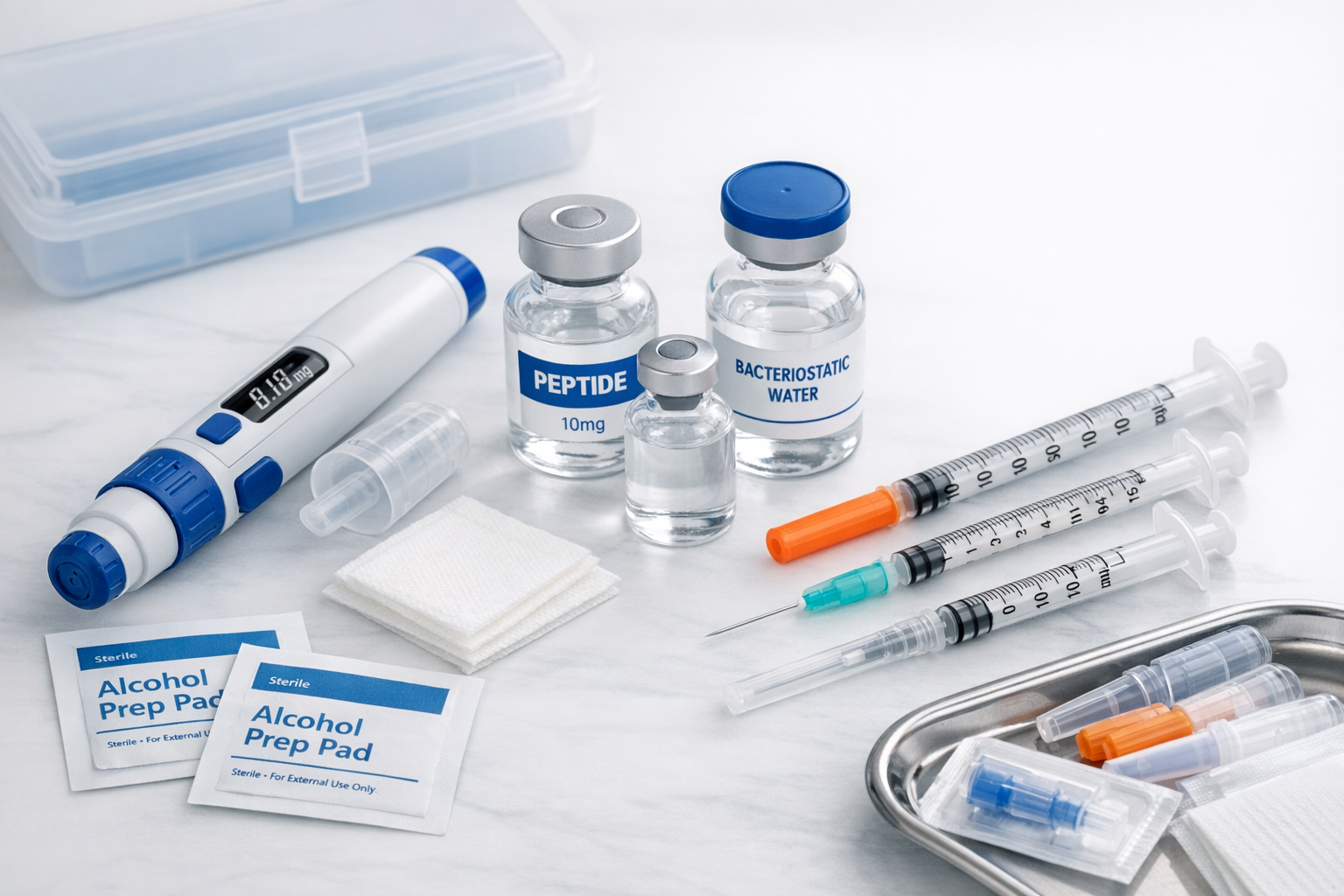 Flat-lay of injection supplies including pen injector, vials, syringes, and alcohol prep pads